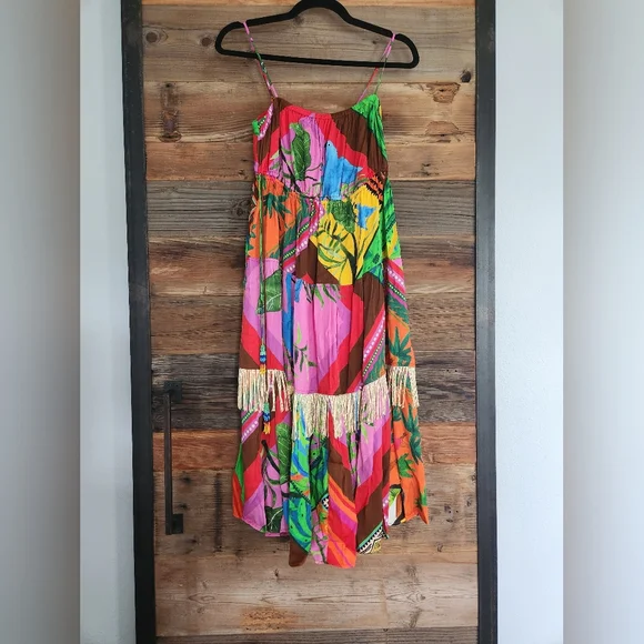 NWT FARM Rio Palila Fringe Tropical Print Bead Midi Dress - Picture 2 of 7